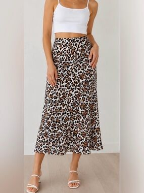 BABATON ARITZIA Leopard Animal Print Midi Skirt White Brown Black Matte Satin 4